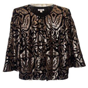 JOAN RIVERS Black & Gold Floral Metallic Sequins 3/4 Sleeve Blazer Sz M